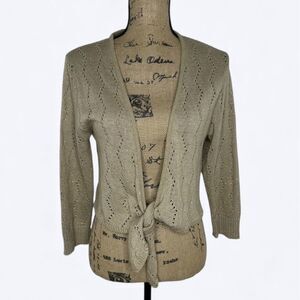 Kikit Cropped Tie Front Pointelle Knit Cardigan Sz L‎ Metallic Layering Y2K Vtg